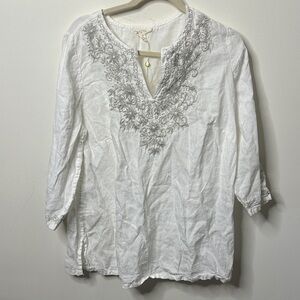 Charter Club Silver Embroidered 100% Linen Top
